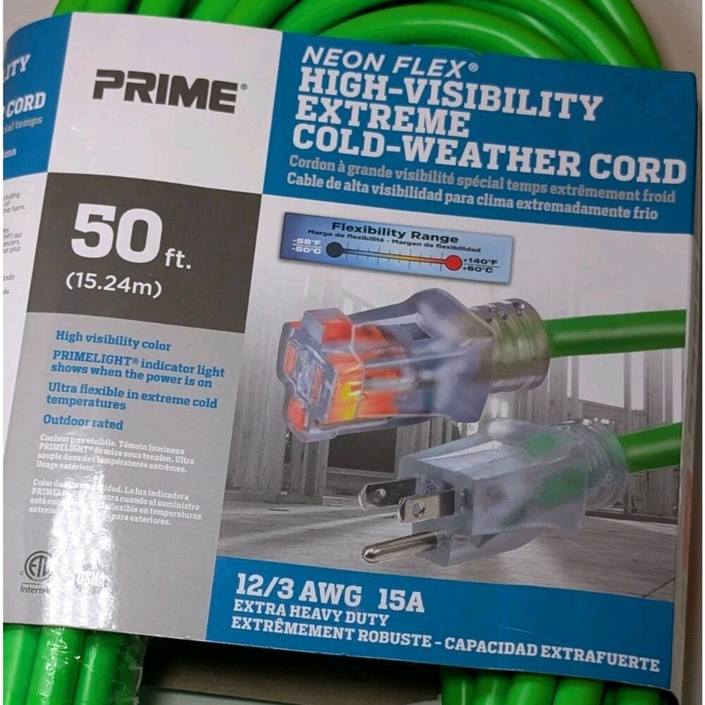 Prime Neon Flex 50 Ft 12/3 AWG 15A High Visibility Extension Cord Green New
